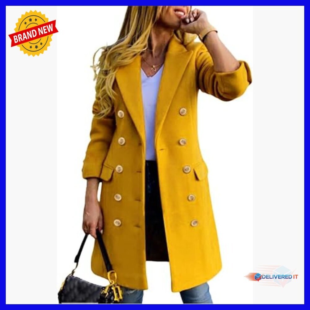 Wool Blend Pea Coat Double Breasted Knee Length Trench Winter Coat